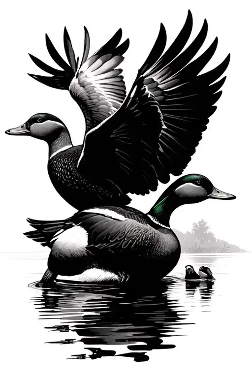 Duck Hunting scene with ducks landing open wings tattoo design idea