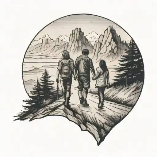 family of three walking down the road with forest and cliffs in background tattoo design idea