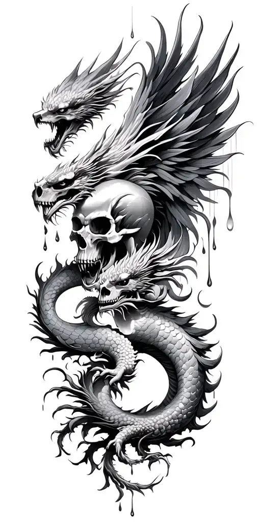 3 Chinese Dragon And Phoenix And Skull surrounded my rain tattoo design idea