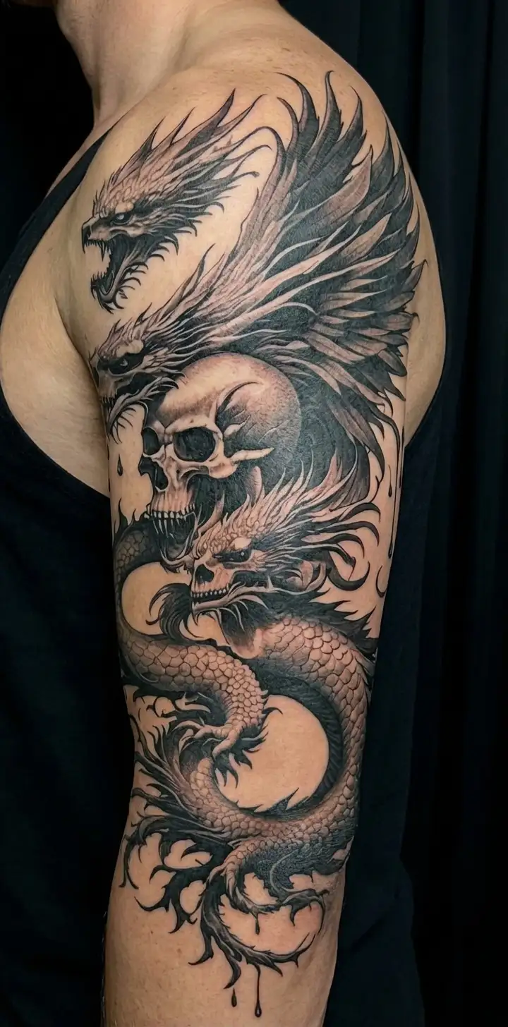 3 Chinese Dragon And Phoenix And Skull surrounded my rain tattoo design idea