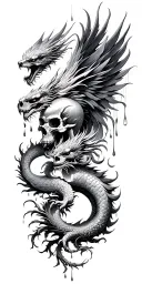 3 Chinese Dragon And Phoenix And Skull surrounded my rain tattoo design idea