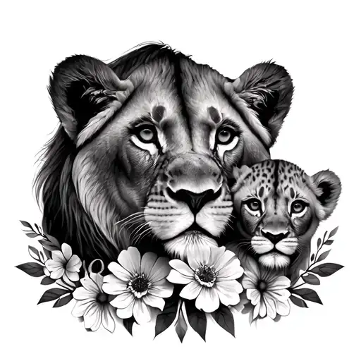 fine line lioness and 2 cubs on flower garland tattoo design idea