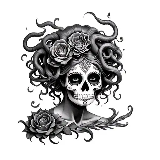 Creating a tattoo design that incorporates a Catrina, Sabrina, and Medusa can result in a unique and striking piece. men tattoo design idea