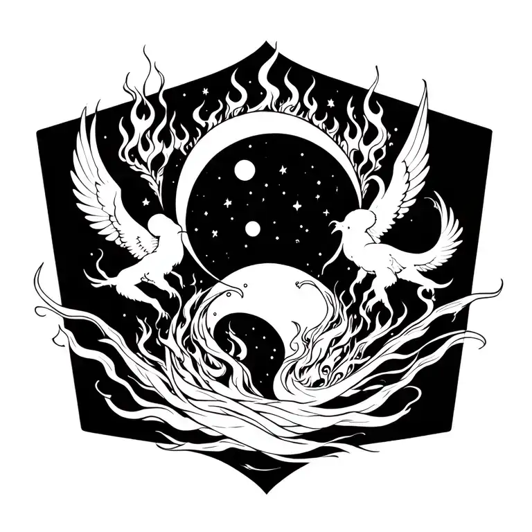 abstract tattoo down the spine with the moon and angels and fire tattoo design idea