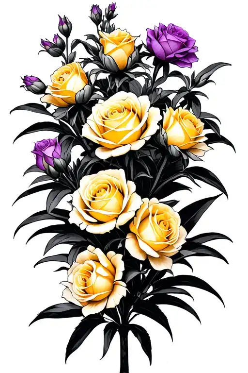 yucca plant with pale yellow and purple roses growing tattoo design idea