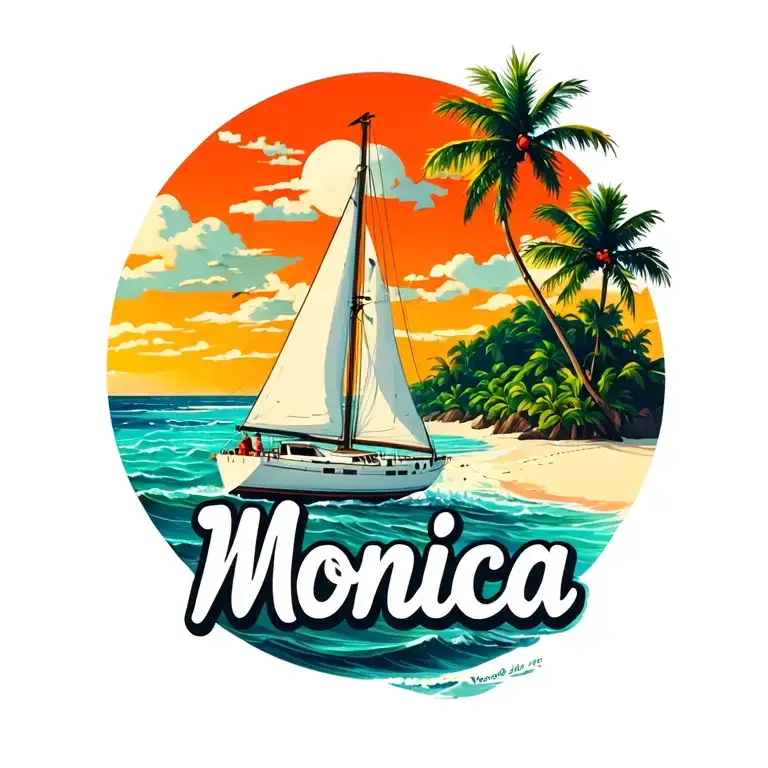 "Monica" "Monica" "Monica" "Monica"  "Monica" foreground white sailboat sailing away towards sunrise sky, ocean, island with palm, beach, no border tattoo design idea