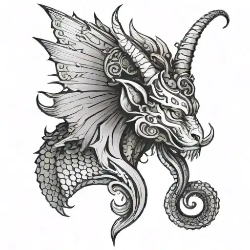 Chimera, wings, snake head tail, horns, side view tattoo design idea