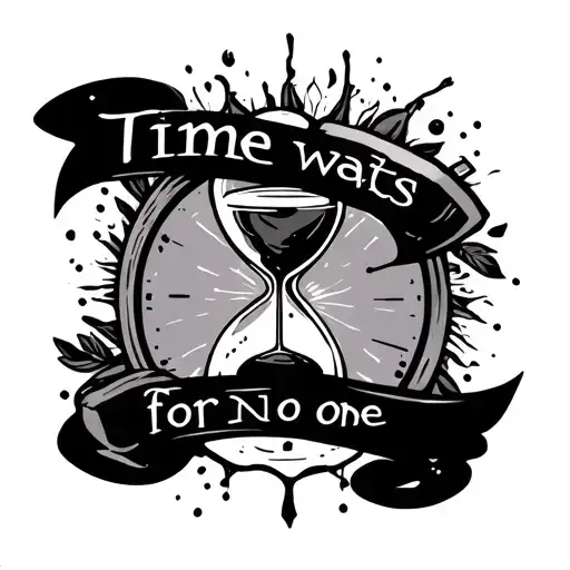 time waits for no one on a banner with a hour glass tattoo design idea