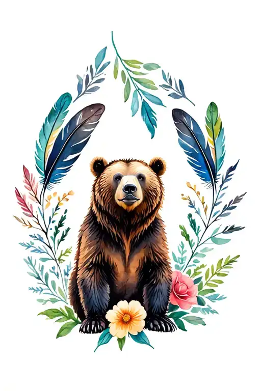 grizzly bear with feathers and flowers intertwined tattoo design idea