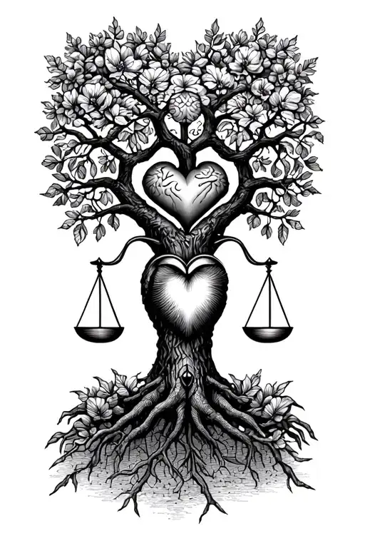 Libra Sign Family tree with heart & brain as scales with Taurus Pisces and Virgo combination  tattoo design idea