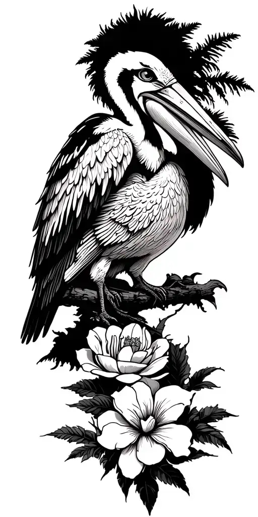 Bayou, pelican camelia flower, owl, cypress trees tattoo design idea