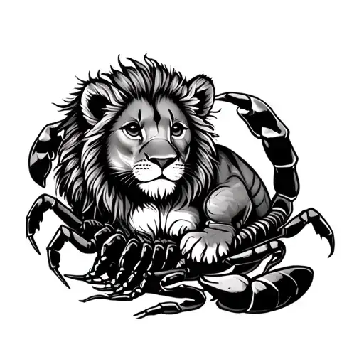 lion cub cradled by scorpion tattoo design idea