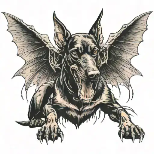 angry doberman dog with bat wings tattoo design idea
