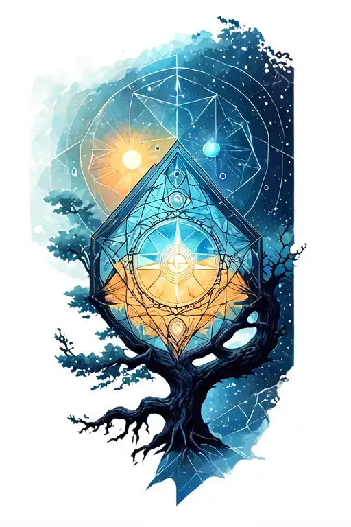 A geometric space landscape inspired by a tree of life and incorporating metatron cube with a compass tattoo design idea
