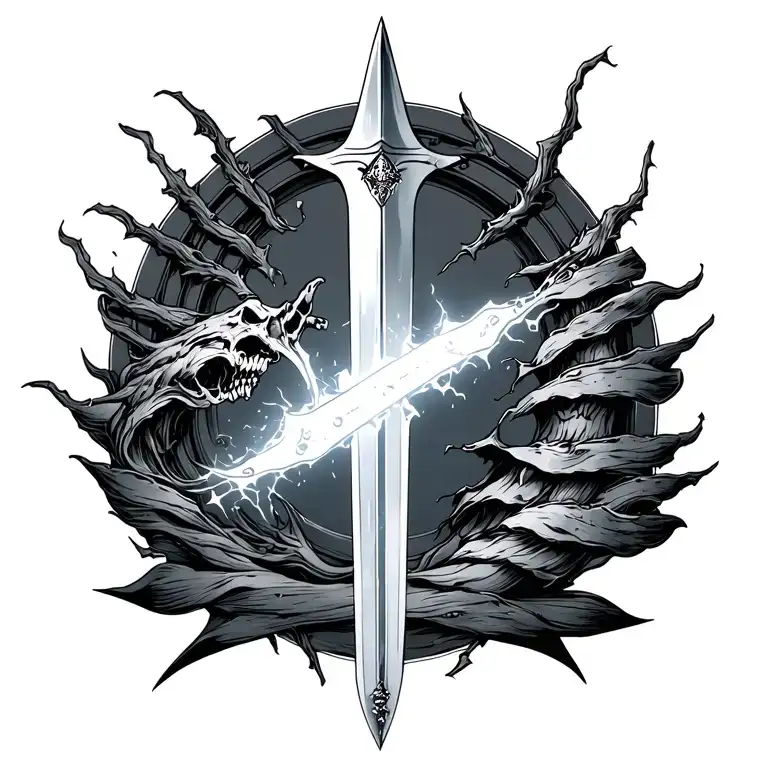 broken sword going down spine tattoo design idea