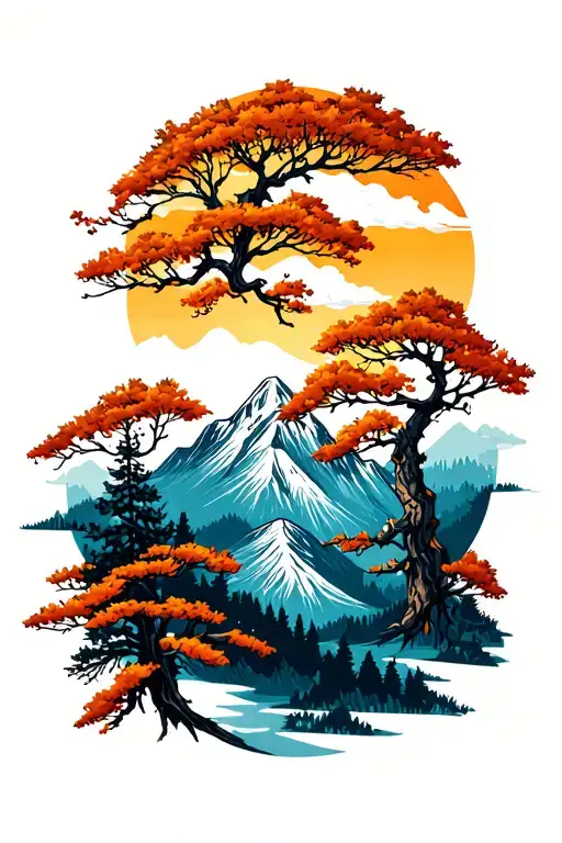 Tree branches and mountain landscape tattoo design idea