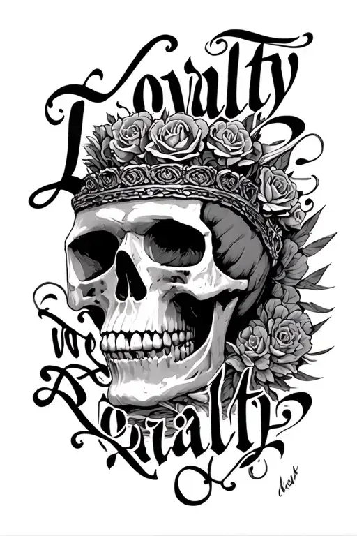 no loyalty no royalty written on arm inside skull tattoo design idea