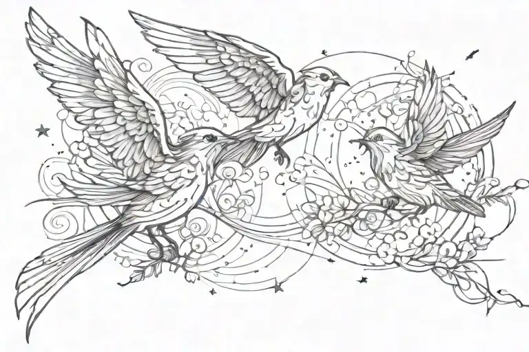 two small birds flying toward a sun with wispy wind or nature elements throughout  tattoo design idea