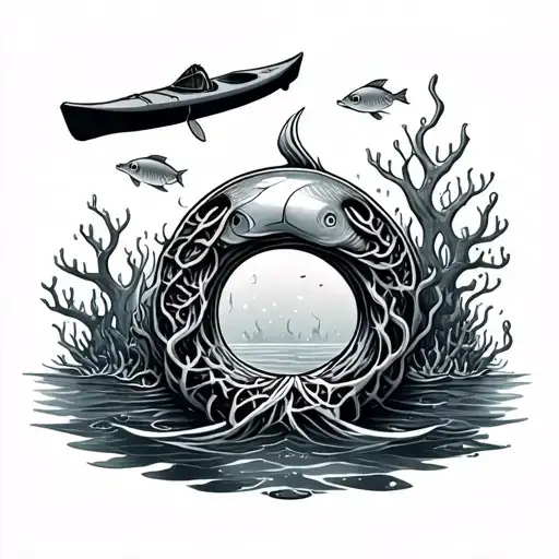  a ring at the bottom of the ocean floor with fish and coral near by and a kayak above tattoo design idea