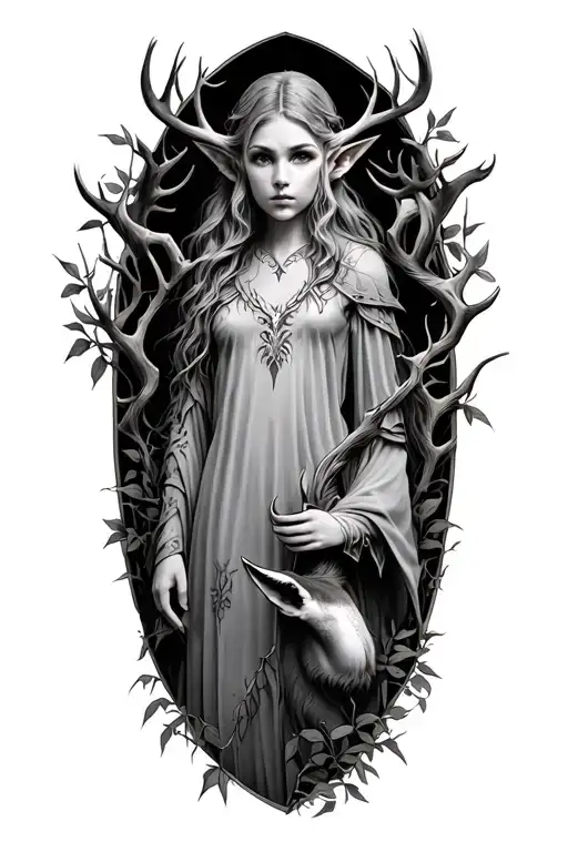 Concept: A central elven guardian figure (gender-neutral or stylized) surrounded by natural elements — vines, deer antle tattoo design idea