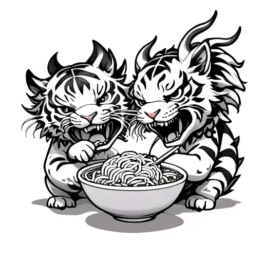 tiger and dragon eating ramen kawaii inspired fine line artwork to be placed on small wrist tattoo design idea