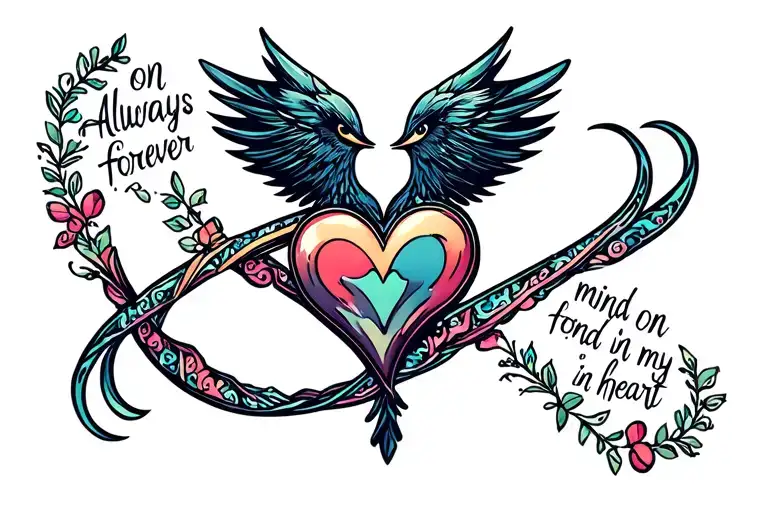 infinity symbol with always on mind forever in my heart and robin tattoo design idea