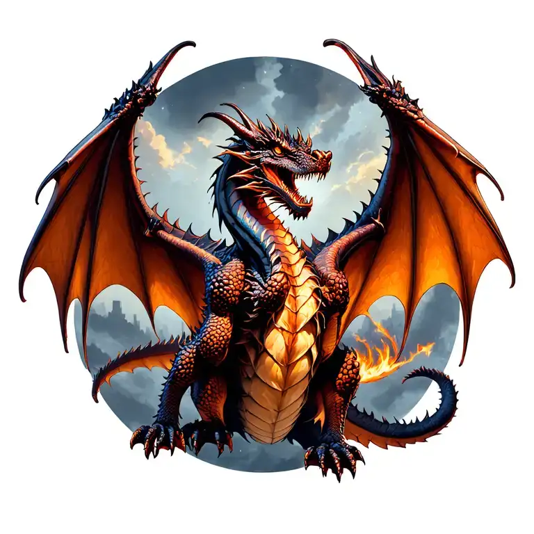 "Jarrod,Mitchell,Annie,Matthew" dragon wings out facing forward tattoo design idea