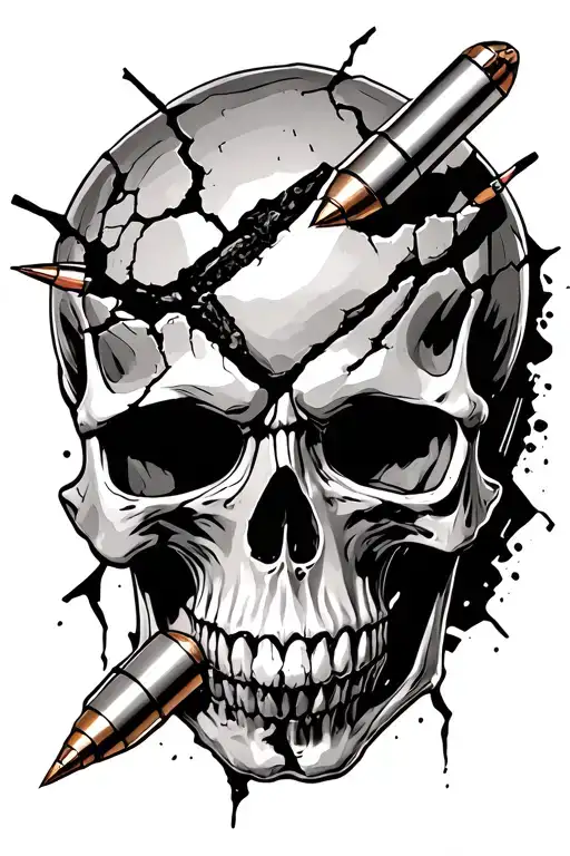 broken skull met u bullet in his skull tattoo design idea