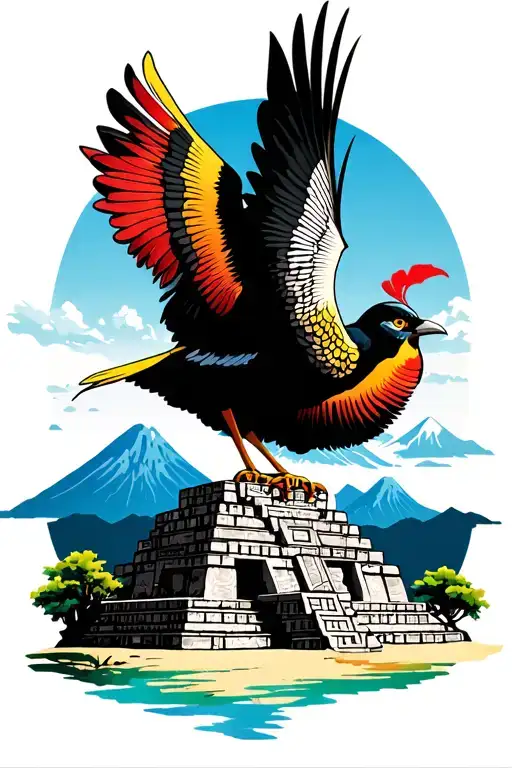 Mayan temple ruins with mountains in the background, Guatemalan heritage, national bird included,  tattoo design idea