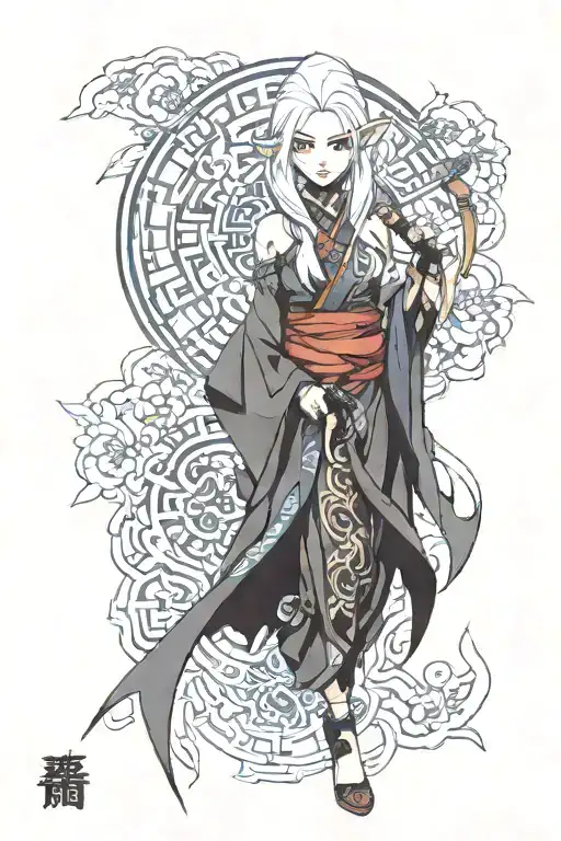 Night elf girl with white hair, slender, monk from world of warcraft tattoo design idea
