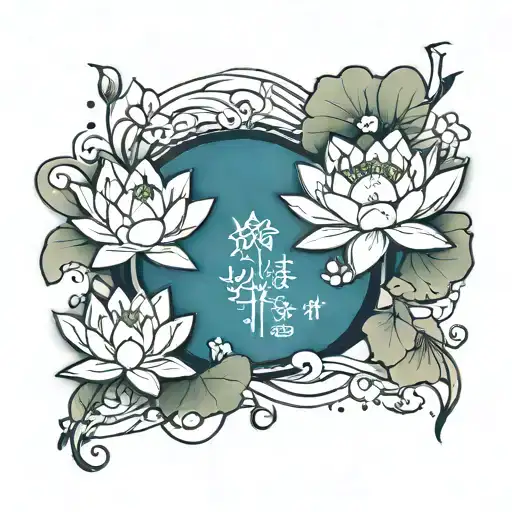 haiku "Quiet wind, lotus blooms in full glory, quiet power" tattoo design idea