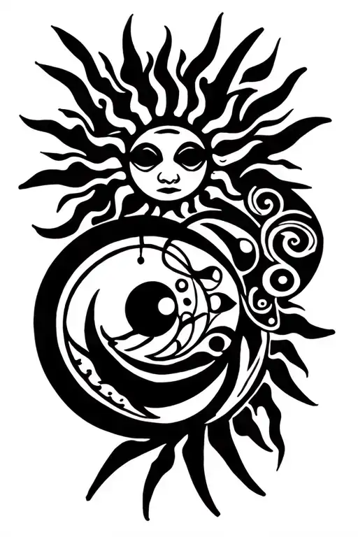quisqueya dominican tribal tattoo ,black  ink, include taino sun and moon to symbolize balance tattoo design idea