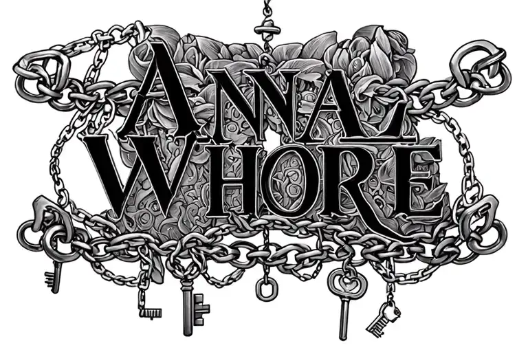 "Anal Whore"  "collar" "leash" "submissive" "shackles" "keys" "cage" tattoo design idea