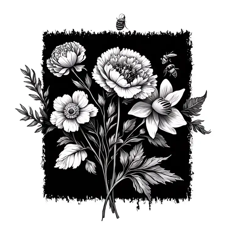 fine line flower intertwined with 1 carnation, 1 honeysuckle , 1 violet, 1 snow drop, 1 daffodil, 1 bee tattoo design idea