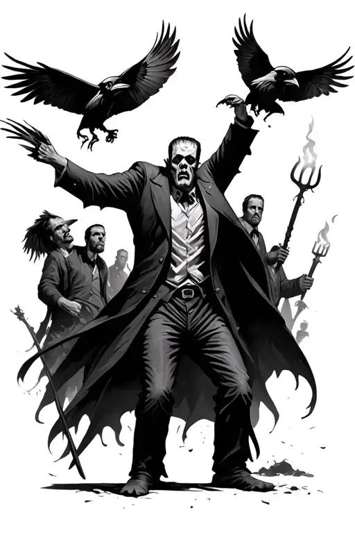 Frankenstein monster releasing Ravens with townspeople holding pitchforks and torches surrounding him.  tattoo design idea