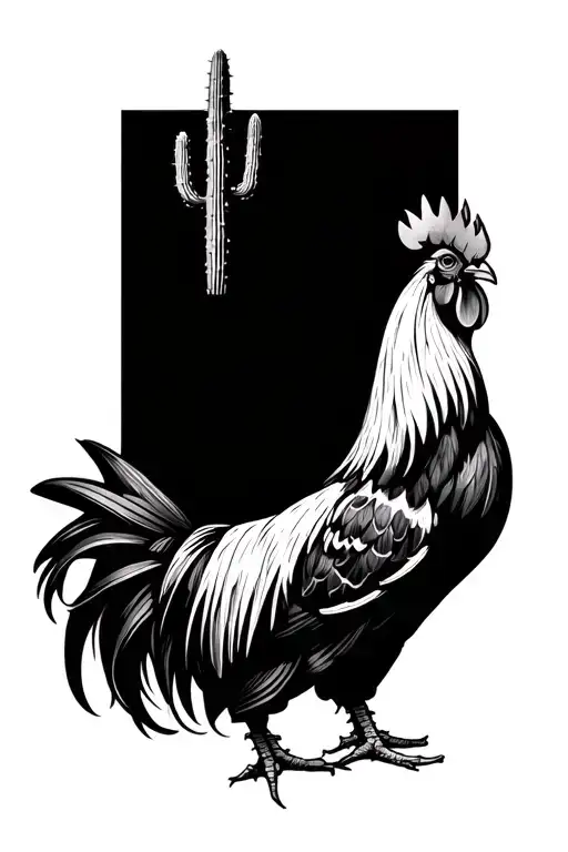 Hand tattoo, Mexican style, black and white, rooster with cactus in the background. A remembrance tattoo for father that tattoo design idea