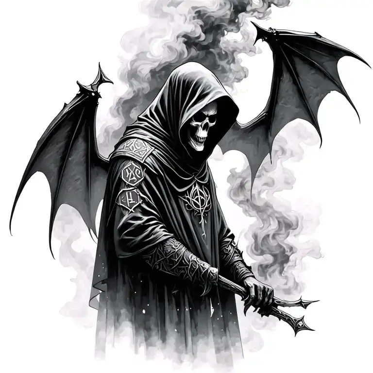 hooded reaper silohuette, smoke, fire, scary, bat wings, Viking runes, kenaz rune tattoo design idea