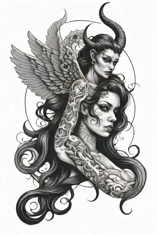 Half Angel half devil woman posing tattoo design idea