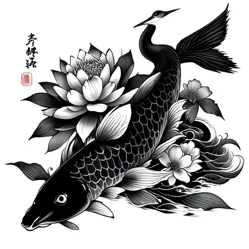 koi carp with waves lotus flowers, sakura and chrysanthemums, with a bonsai and a Japanese crane tattoo design idea