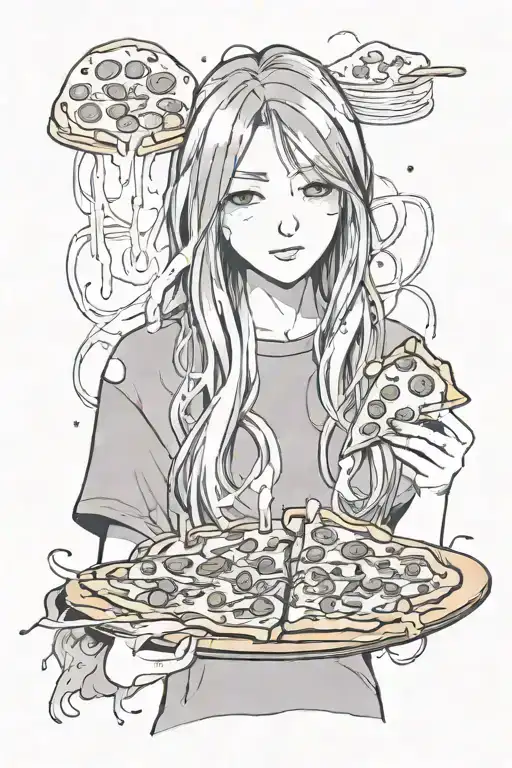 girl with long hair, in a gray t-shirt with a slice of pizza, melting like a candle tattoo design idea