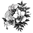  web infused vines, orchids intertwined, wrapping arm near tricep tattoo design idea