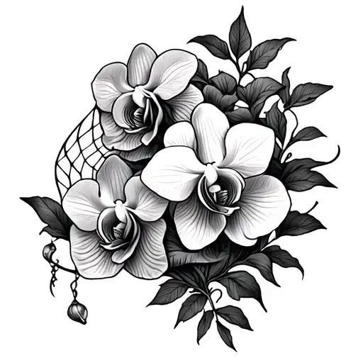  web infused vines, orchids intertwined, wrapping arm near tricep tattoo design idea