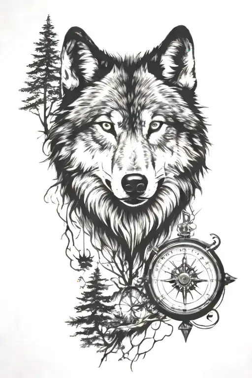 wolf forest compass   tattoo design idea