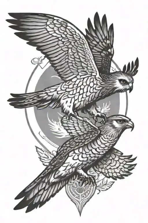 falcon and owl flying in a circle tattoo design idea