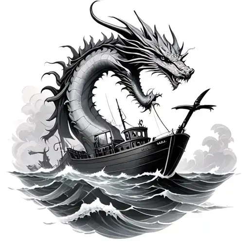 boat and sea dragon fighting tattoo design idea