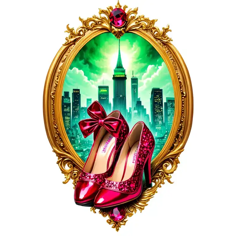 low heal ruby slippers with emerald city in background tattoo design idea
