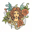 Generate a tattoo that includes Medusa, safety pin, heart, semicolon NEDA symbol, and the phrase don't FUCKING give up.  tattoo design idea