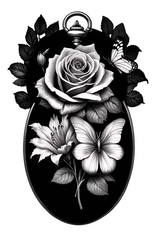 roses sweet Williams lilies three pocket watches two butterflies tattoo design idea