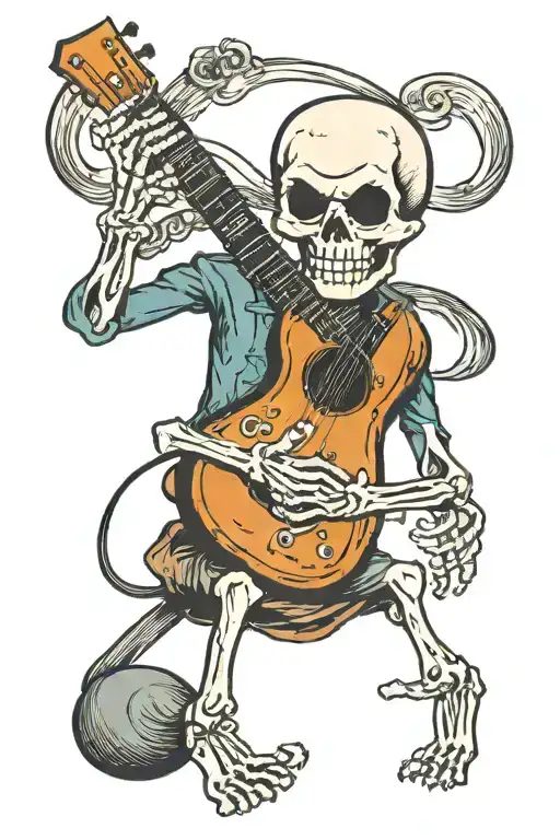 simple skeleton playing a guitar in a rearview mirror tattoo design idea