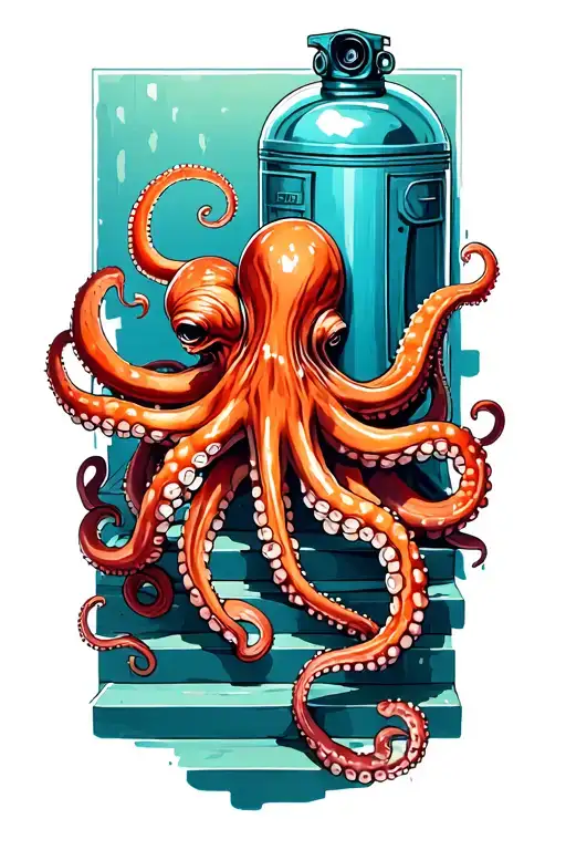 octopus wrapped around scuba tank going up stairway tattoo design idea